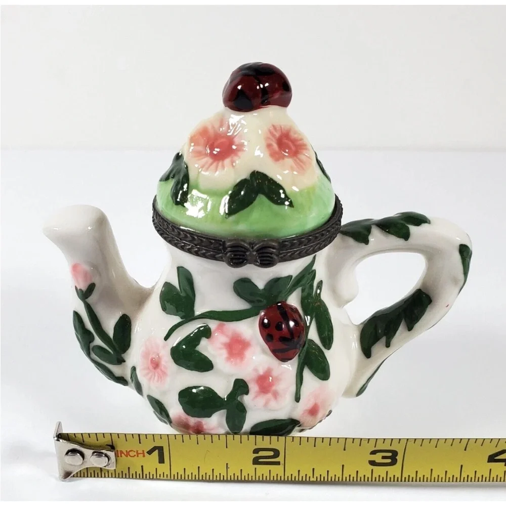Retro Trinket Box Teapot Ladybug Floral Motif Keepsake 3.5